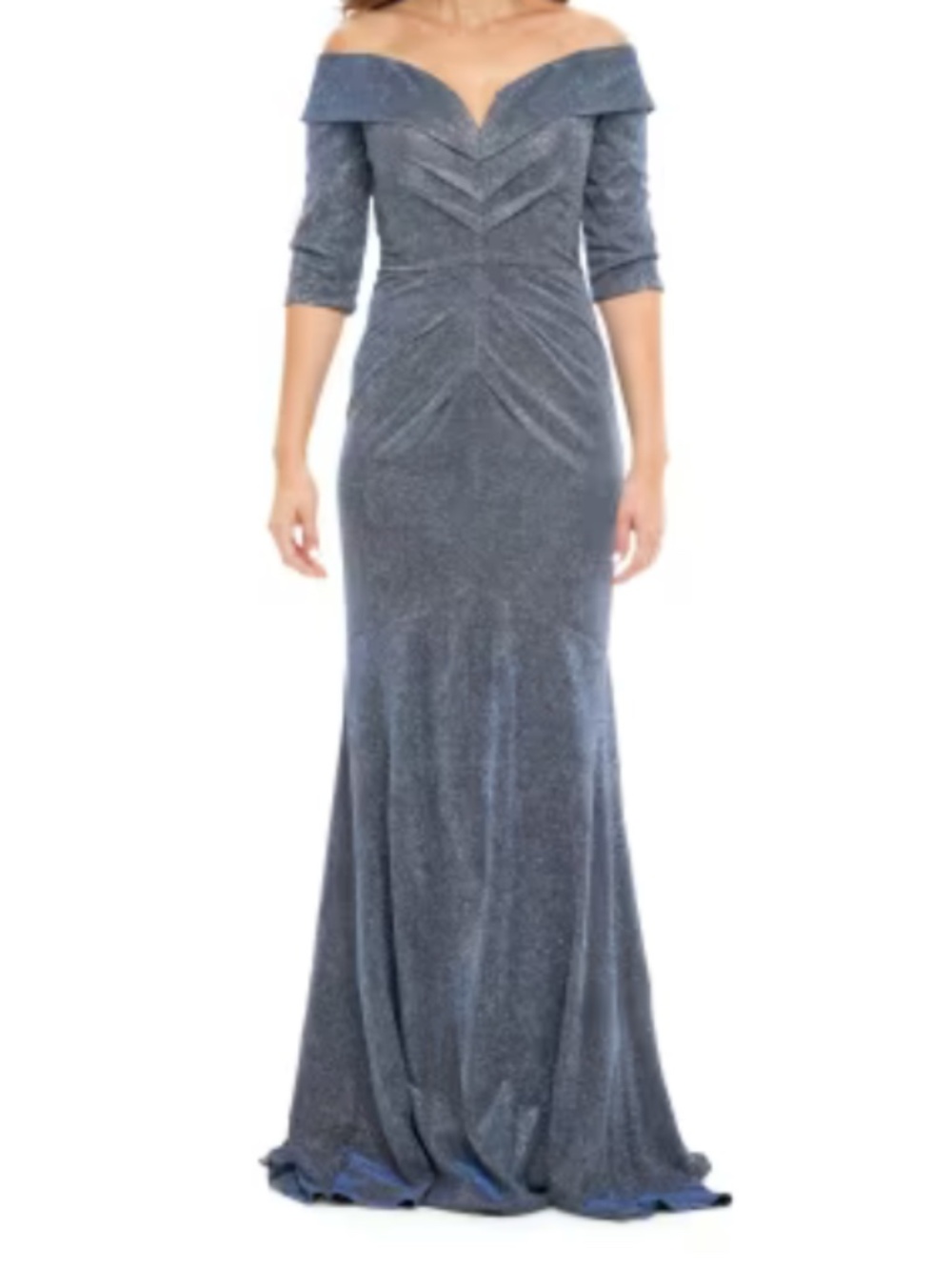 Rene Ruiz Metallic Knit Off the Shoulder Mermaid Gown, Meta Blu, size 10